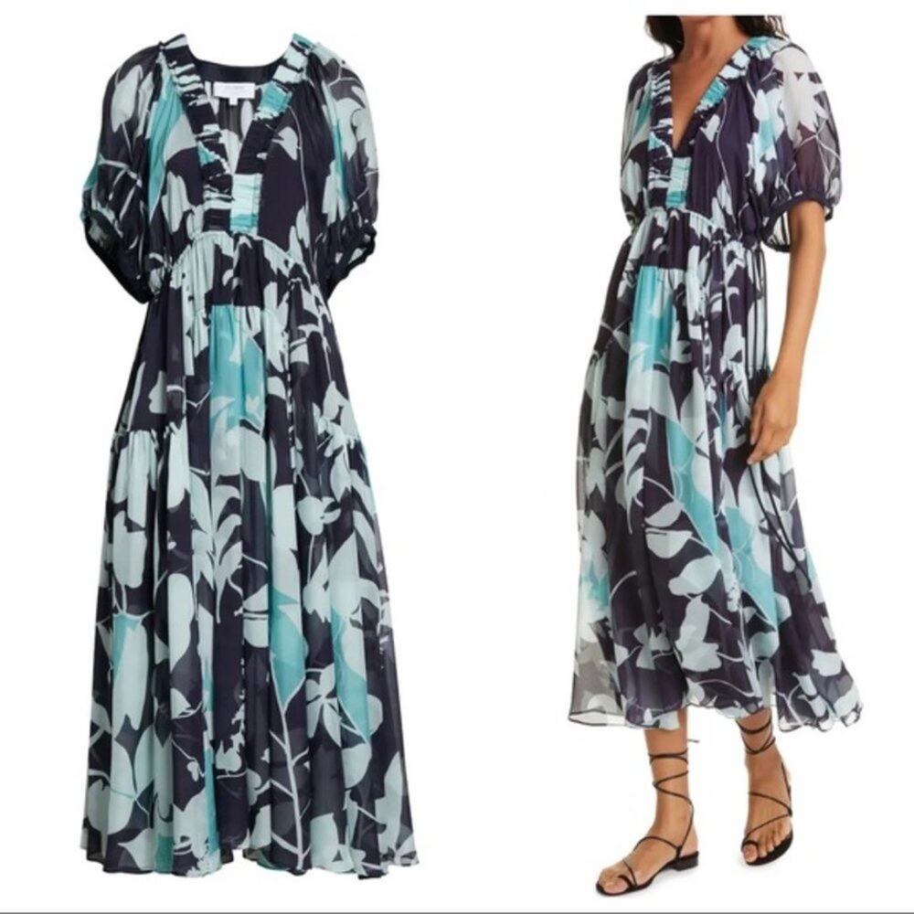 La Ligne Constance Silk Chiffon Blue Floral Maxi Dress